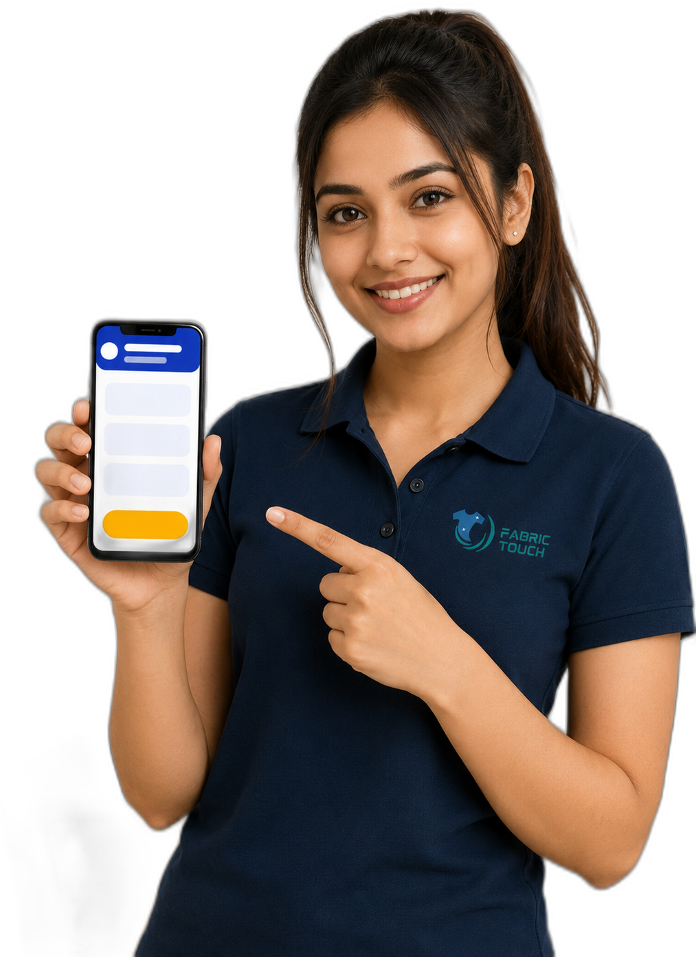 Fabric Touch team member showing the booking flow on her phone